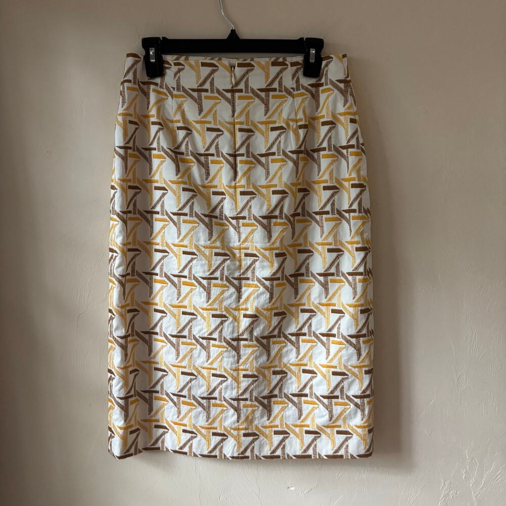 Tory Burch Geometric Embroidered Knee Length Skirt 6 Yellow Cotton Faux Wrap - Picture 5 of 12